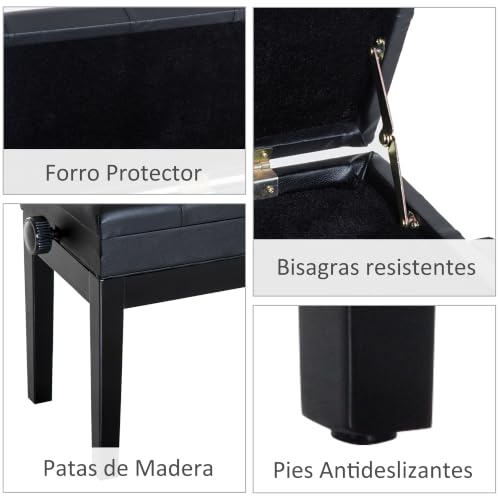 Thumbnail 5 de HOMCOM Banco de Piano con Storage y Patas de Madera, 54,5x33x48-58 cm Negro