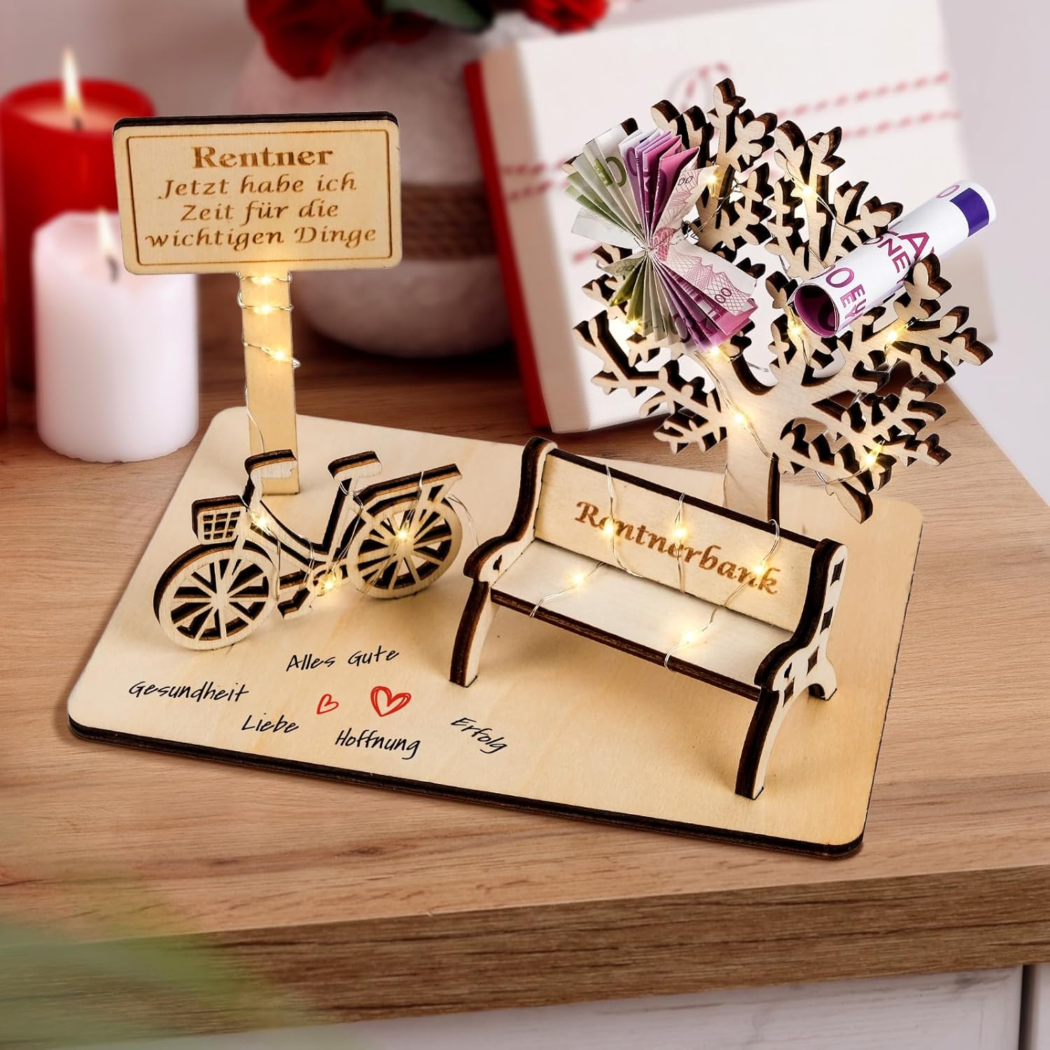 Thumbnail 5 de I LOVE MOM Ruhestand Geschenk – Holz-Gästebuch mit dreidimensionalen Bäumen und Sitzbank-Deko