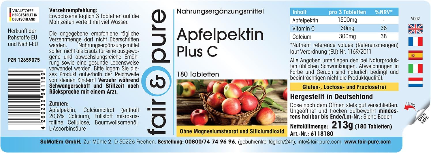 Thumbnail 6 de Fair & Pure Apfelpektin Plus C mit Vitamin C und Calcium – 180 Tabletten, vegan, in Deutschland hergestellt