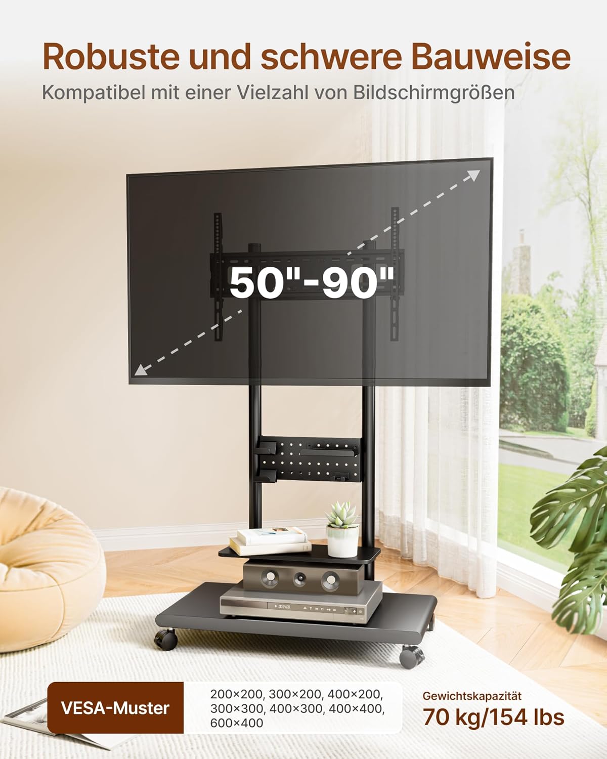 Thumbnail 5 de ECOTINY TV Ständer Rollbar mit Ablagefächern – höhenverstellbar, dreh- und neigbar, VESA bis 600 x 400 mm