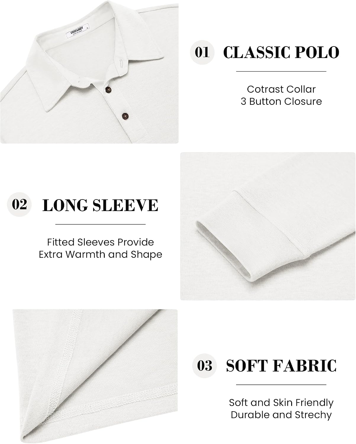 Detalle de COOFANDY Men's Long Sleeve Polo Shirt with Button Collar, Lightweight Feel