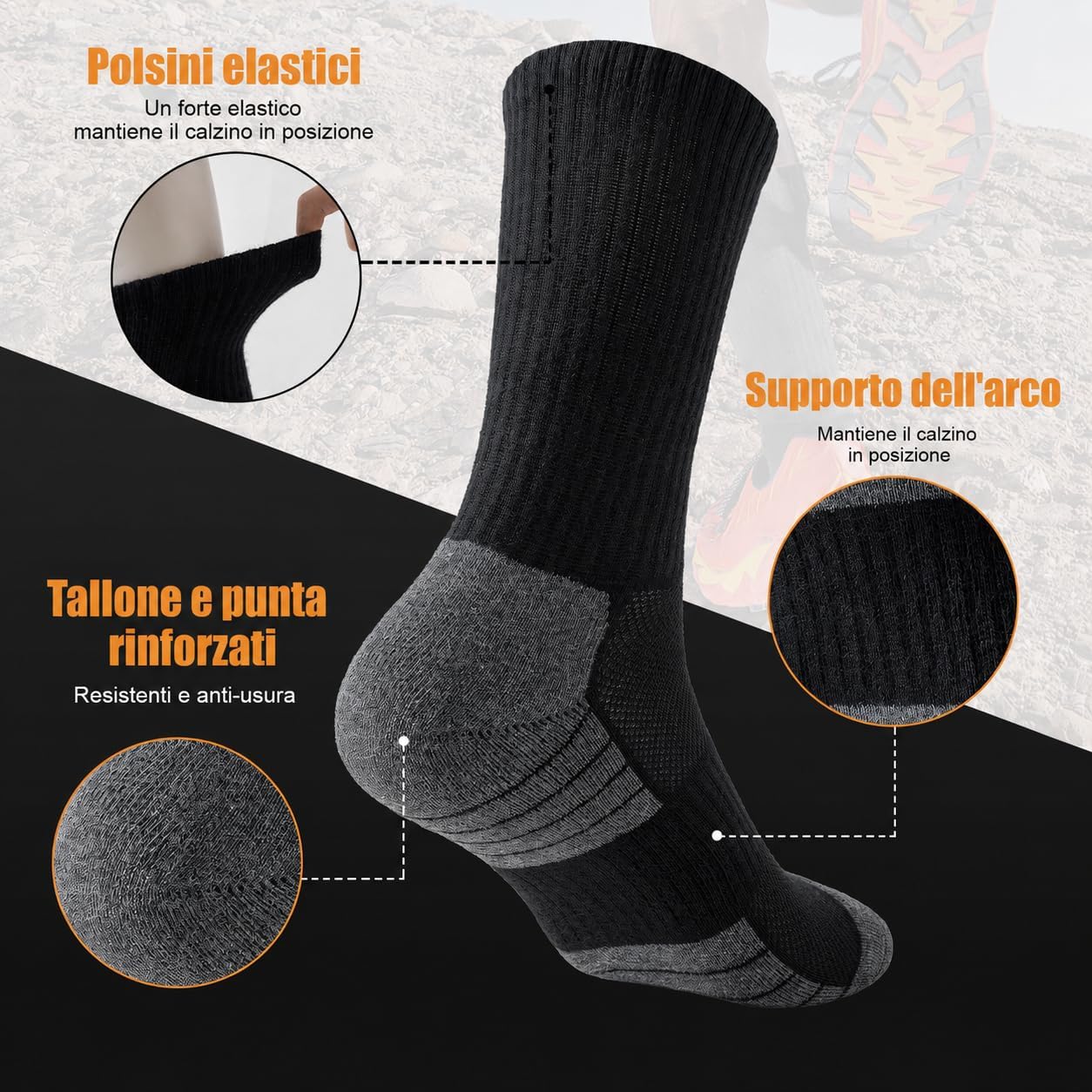 Detalle 2 de Niorasen Calzini da Trekking e Sportivi in cotone, 6 paia: calde, traspiranti e imbottite