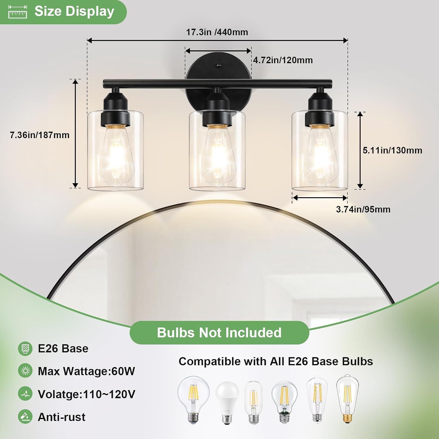 Detalle de Percantis WL1-01 3-Light Bathroom Vanity Light, Black Metal, Clear Glass Shades