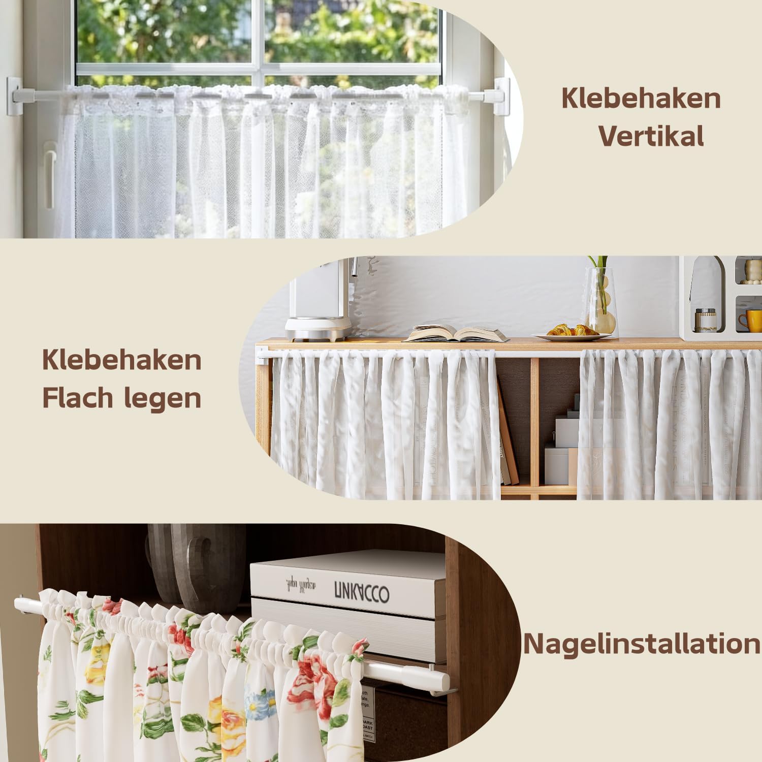 Thumbnail 1 de 2er-Set ausziehbare Vitragestangen mit Klebehaken (40–70 cm) für Scheibengardinen, Küche & DIY-Projekte