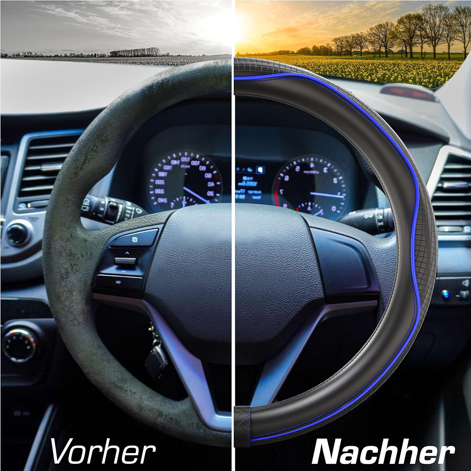Detalle de Upgrade4cars Lenkradbezug Blau Schwarz (Leder-Optik) – universelle Lenkradhülle 37–38 cm