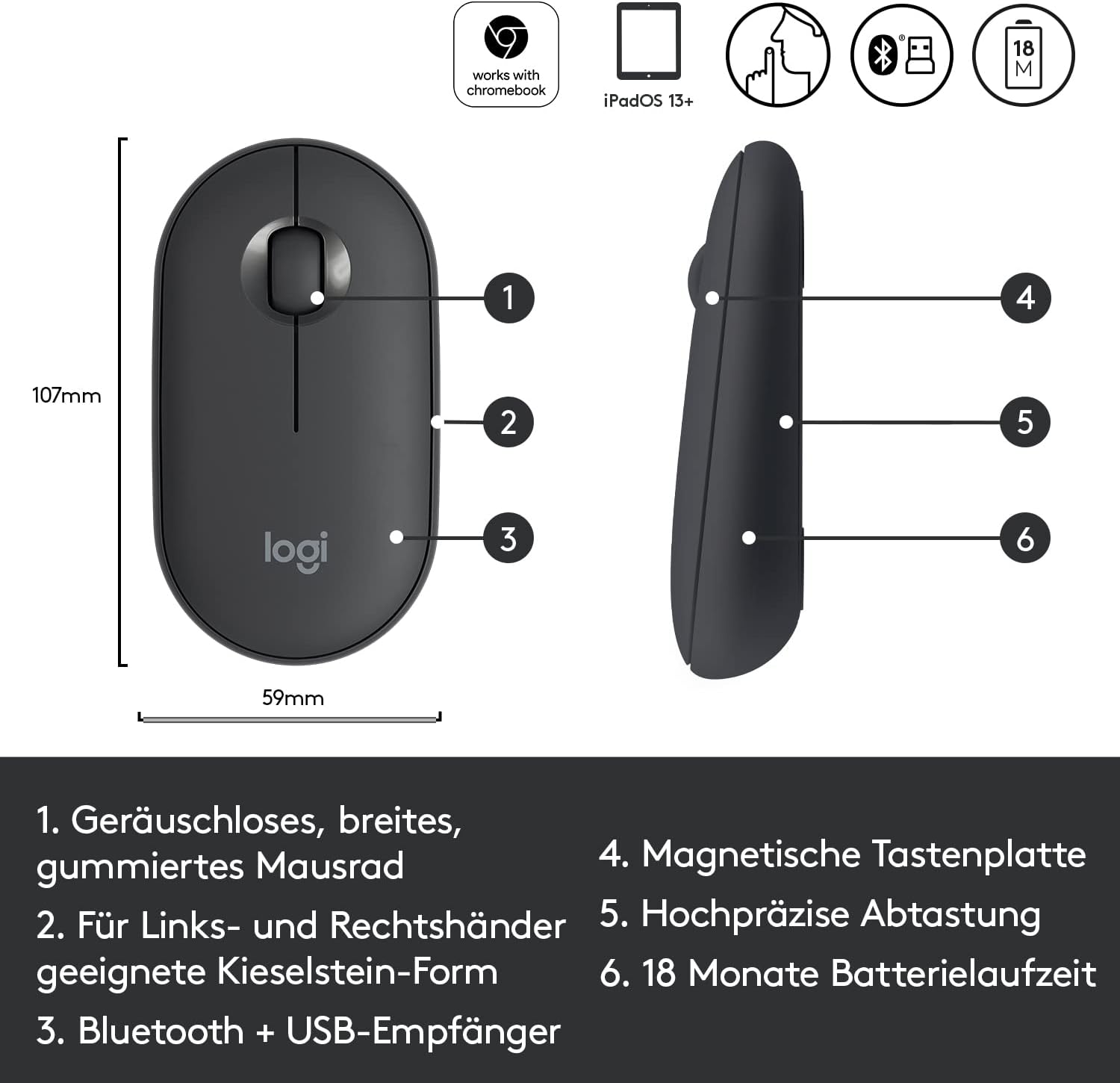 Thumbnail 6 de Logitech 910-005718 Pebble kabellose Maus in Graphit