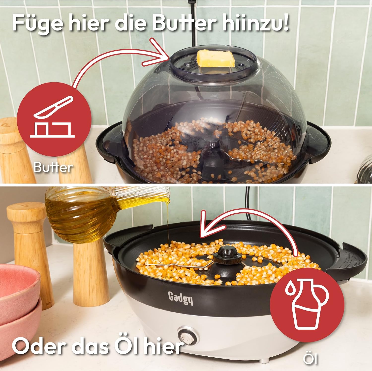 Detalle de Gadgy Popcornmaschine Retro 5 L 800W – Antihaftbeschichtung, Rührarm und abnehmbare Heizplatte (Silber)