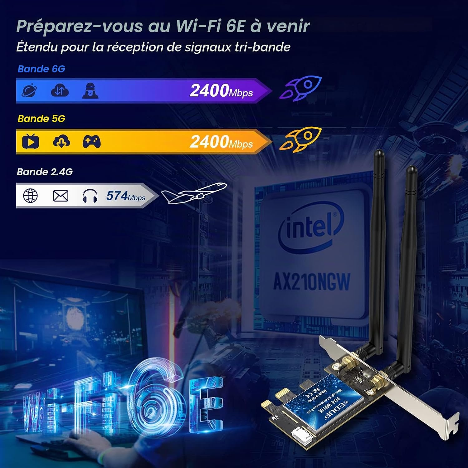 Thumbnail 2 de EDUP Intel AX210 PCIe-wifiadapter met Wi-Fi 6E tot 5.400 Mbit/s
