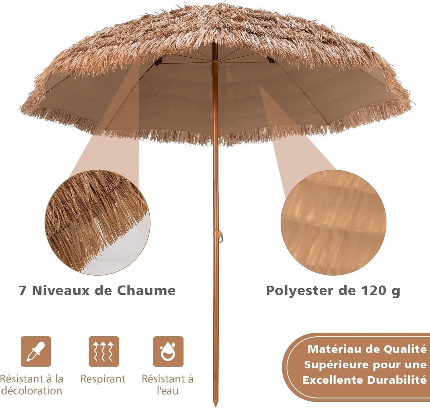 Thumbnail 2 de GOPLUS Parasol de Jardin Exterieur en Chaume PP – 2,4 m, style hawaïen avec toit, 8 baleines, 7 couches