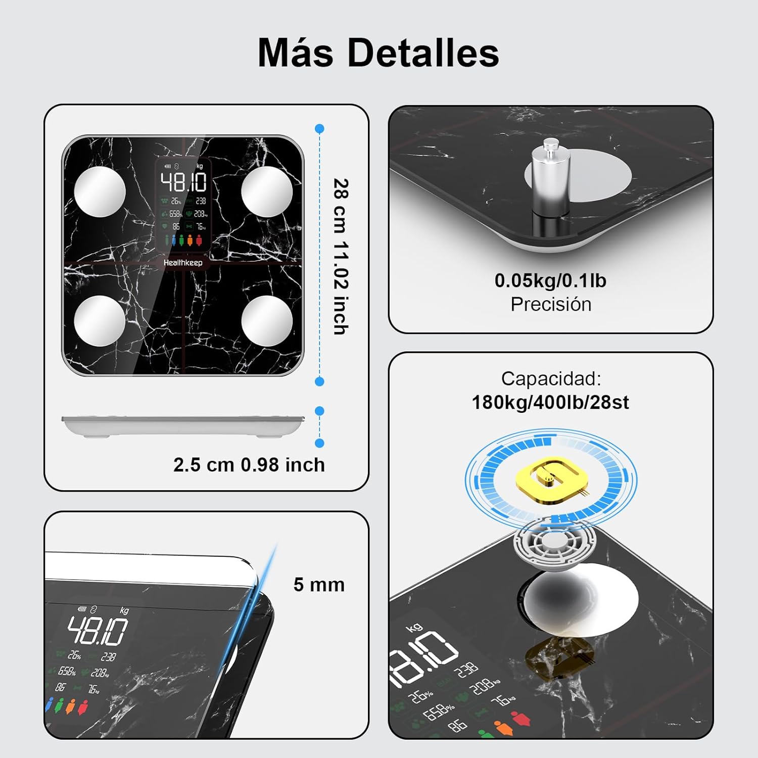 Detalle de Healthkeep Báscula Digital con 15 Datos Corporales y Pantalla Grande 🩺