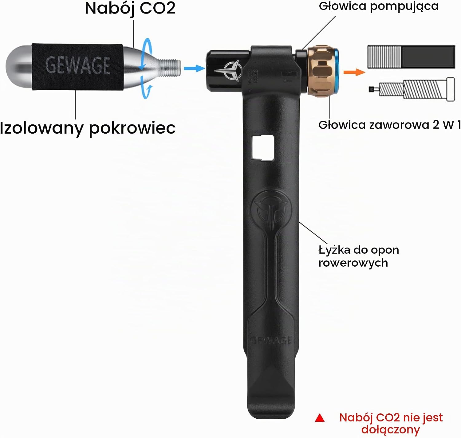 Thumbnail 3 de GEWAGE pompka CO₂ do roweru, łyżki do opon i 5 nabojów 16 g