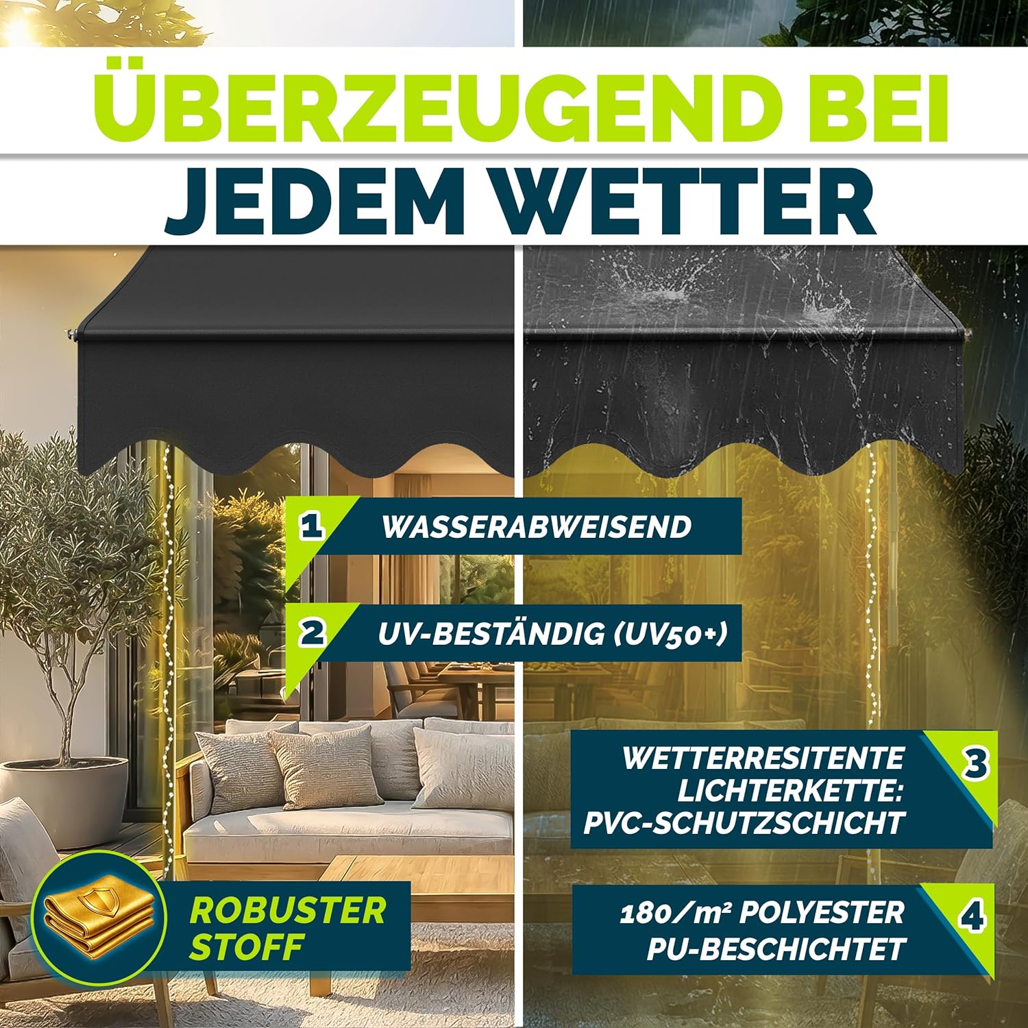 Thumbnail 3 de tillvex Klemmmarkise mit Handkurbel & LED Lichterkette – 250 cm, ohne Bohren, höhenverstellbar