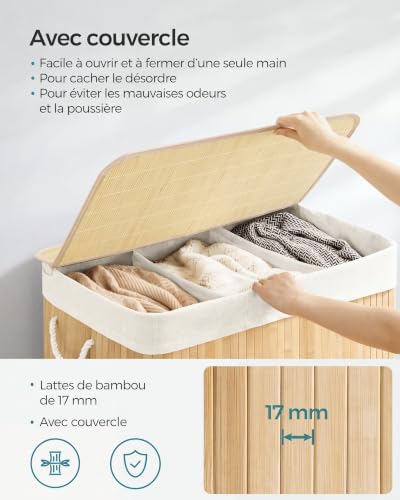 Detalle de SONGMICS Panier à Linge 150 L avec Couvercle et Bambou – Organisation pratique et naturelle