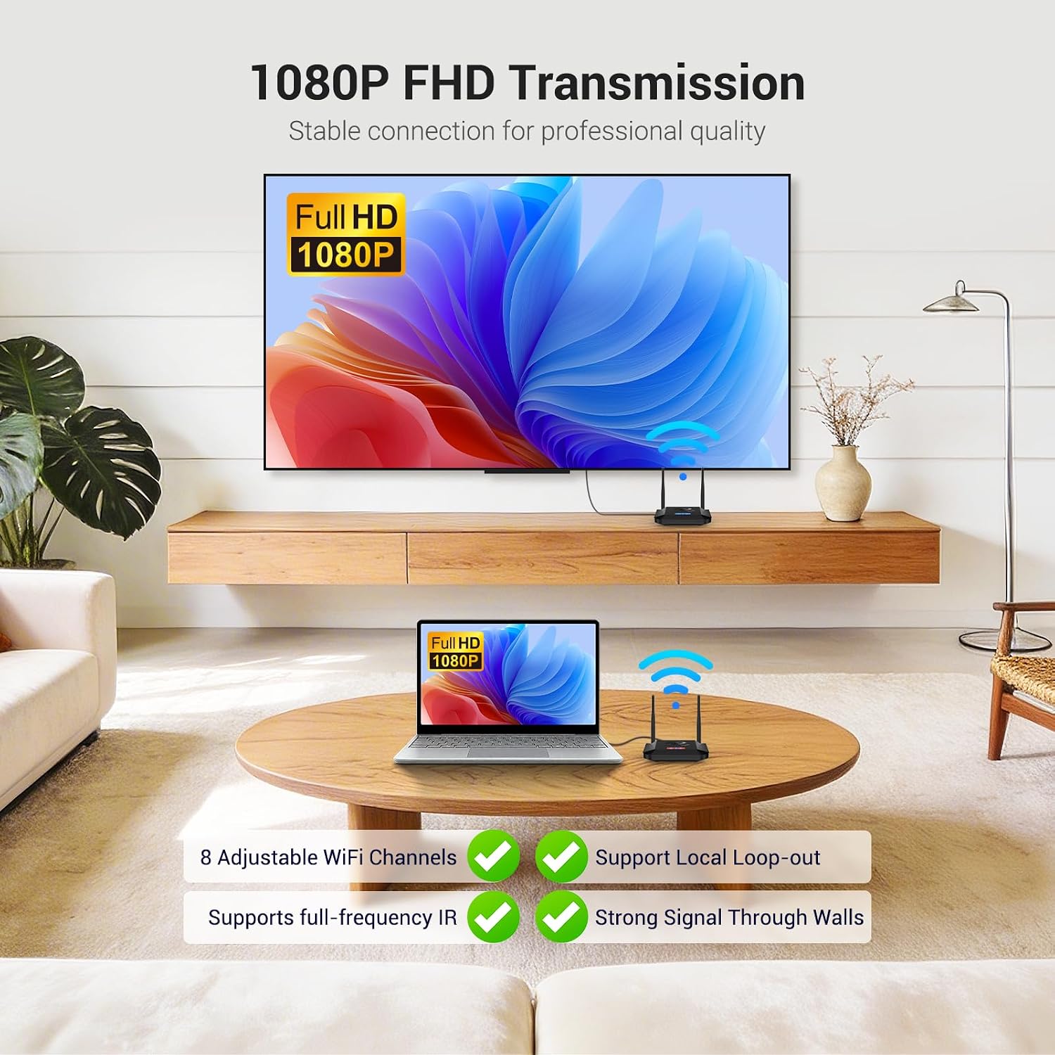 Detalle de Wireless HDMI Transmitter & Receiver 4K Decoding, 656 ft Range, 1 TX to 3 RX, IR Extend, Dual Cooling