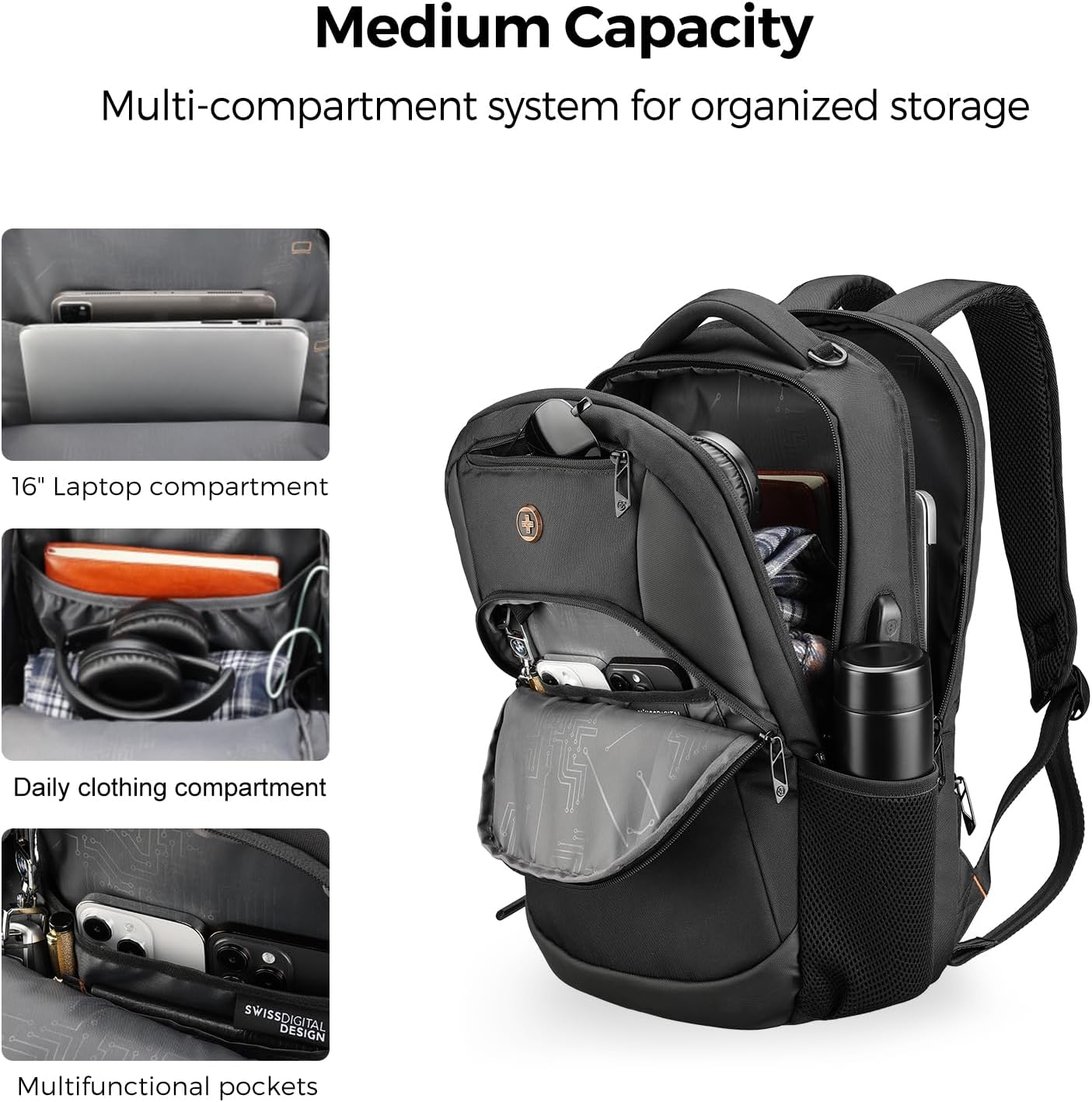 Detalle de Swissdigital Design Backpack SD1670-01: 16-Inch Laptop, RFID & USB Charging Pocket