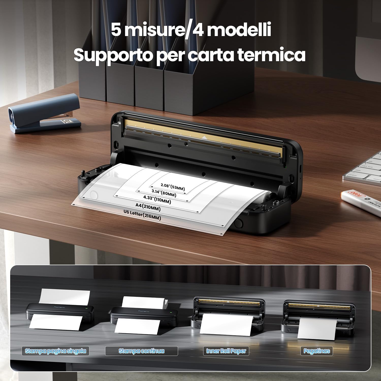 Thumbnail 4 de Phomemo M834 Stampante Portatile A4: stampante termica Bluetooth/USB con 4 rotoli inclusi