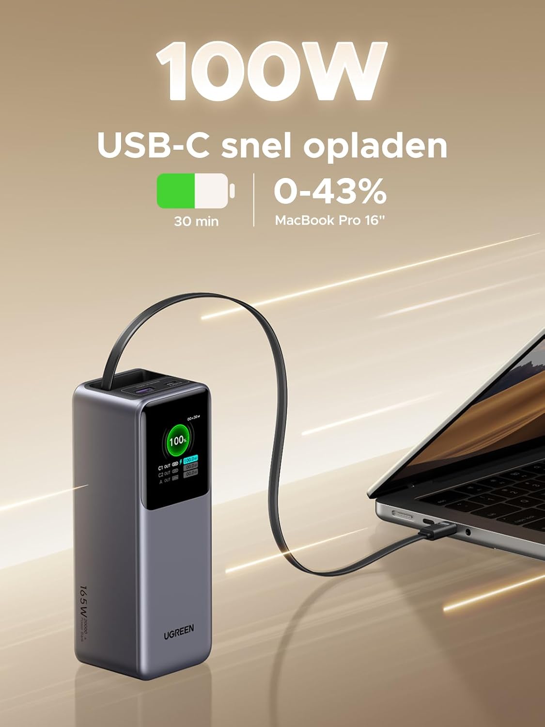 Detalle de UGREEN Nexode Pro 55987 powerbank, 20.000 mAh, 165 W en kabel van 65 cm