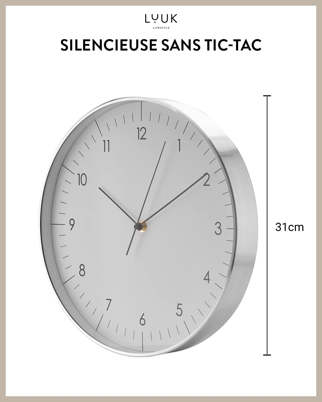 Thumbnail 1 de LUUK LIFESTYLE Horloge murale silencieuse moderne avec trotteuse (31 cm) — Blanc et argent