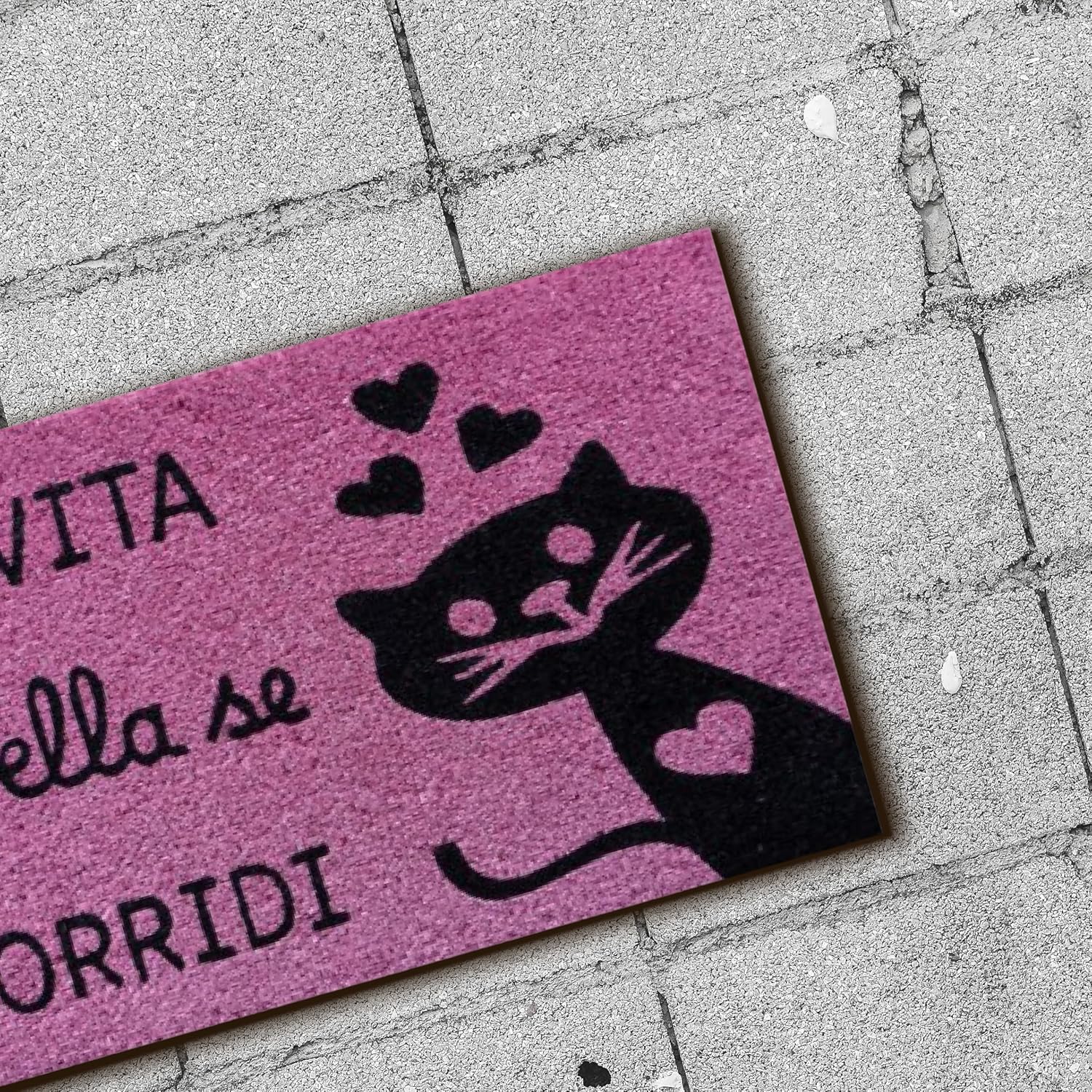 Thumbnail 5 de Baroni Home Zerbino Ingresso Casa in Fibra di Cocco Dipinto a Mano, 60x38 cm, Rosa con Gatto Nero e Cuori