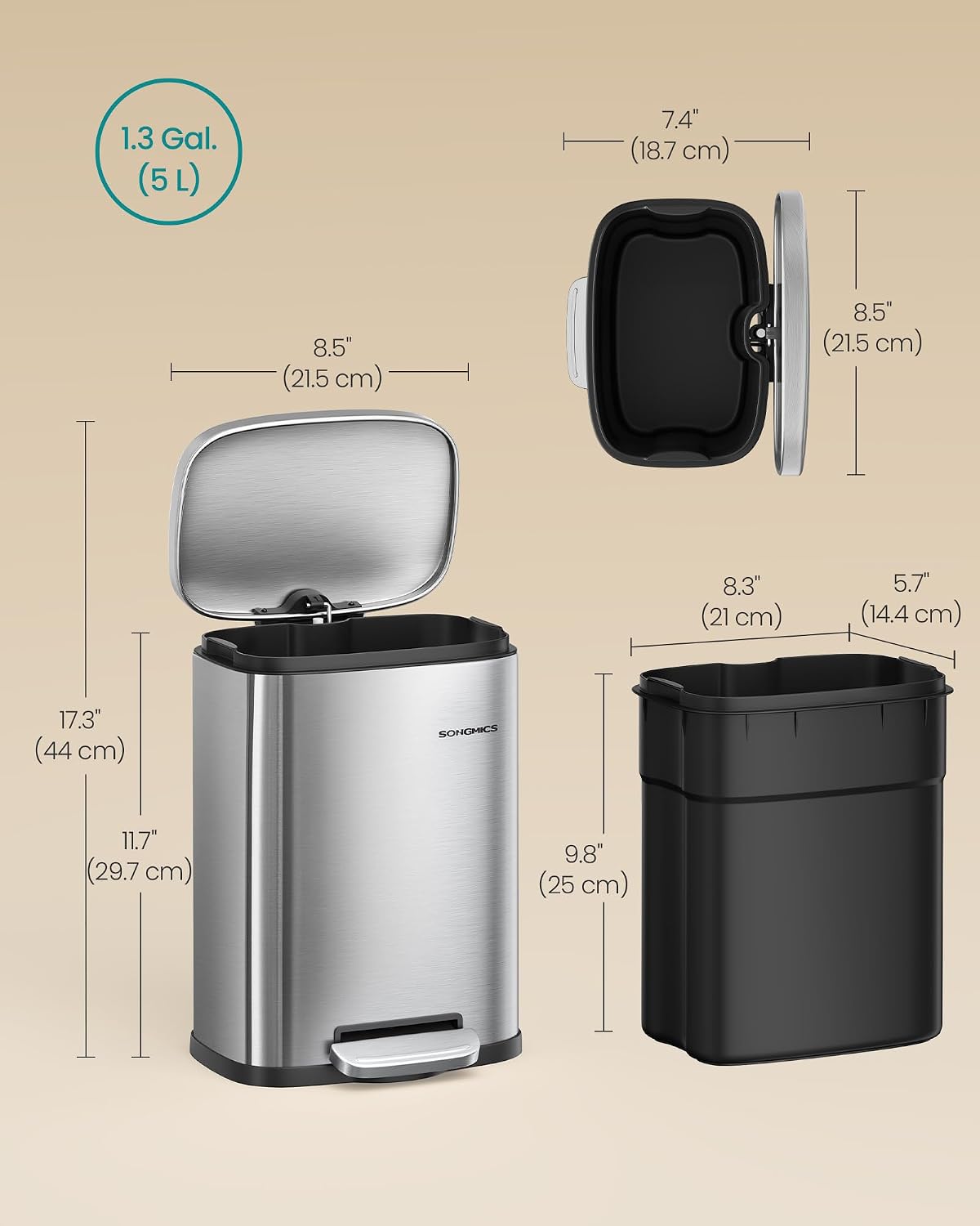 Detalle 2 de SONGMICS LTB050E01 50 L kitchen pedal bin with soft close lid and inner bucket