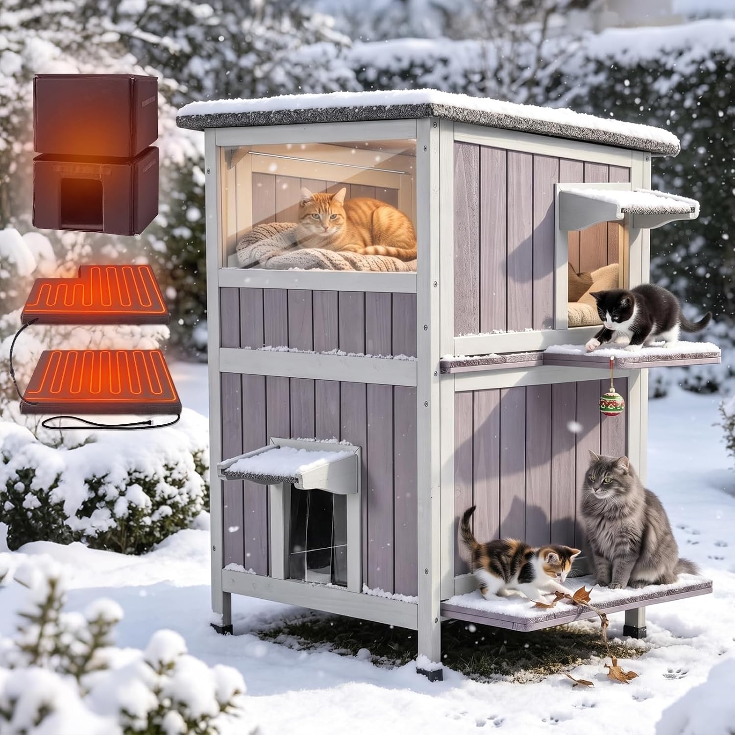 Detalle de Aivituvin L 2-Story Heated Outdoor Cat House, Insulated Fir Wood, Gray