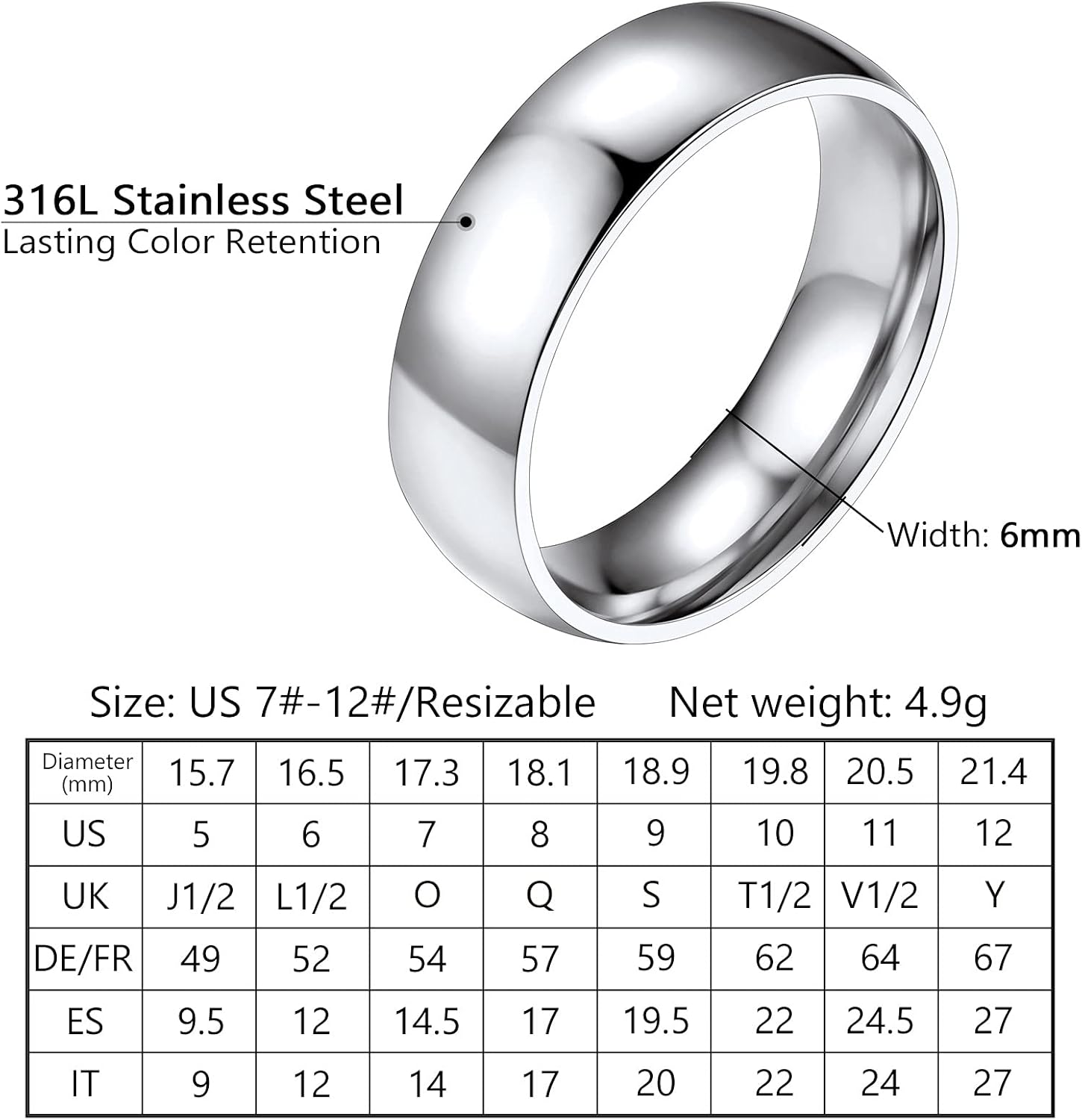 Thumbnail 3 de PROSTEEL Bague en Acier Inoxydable Plaqué Or – Anneau simple 2/4/6/8 mm, Tailles 47–69