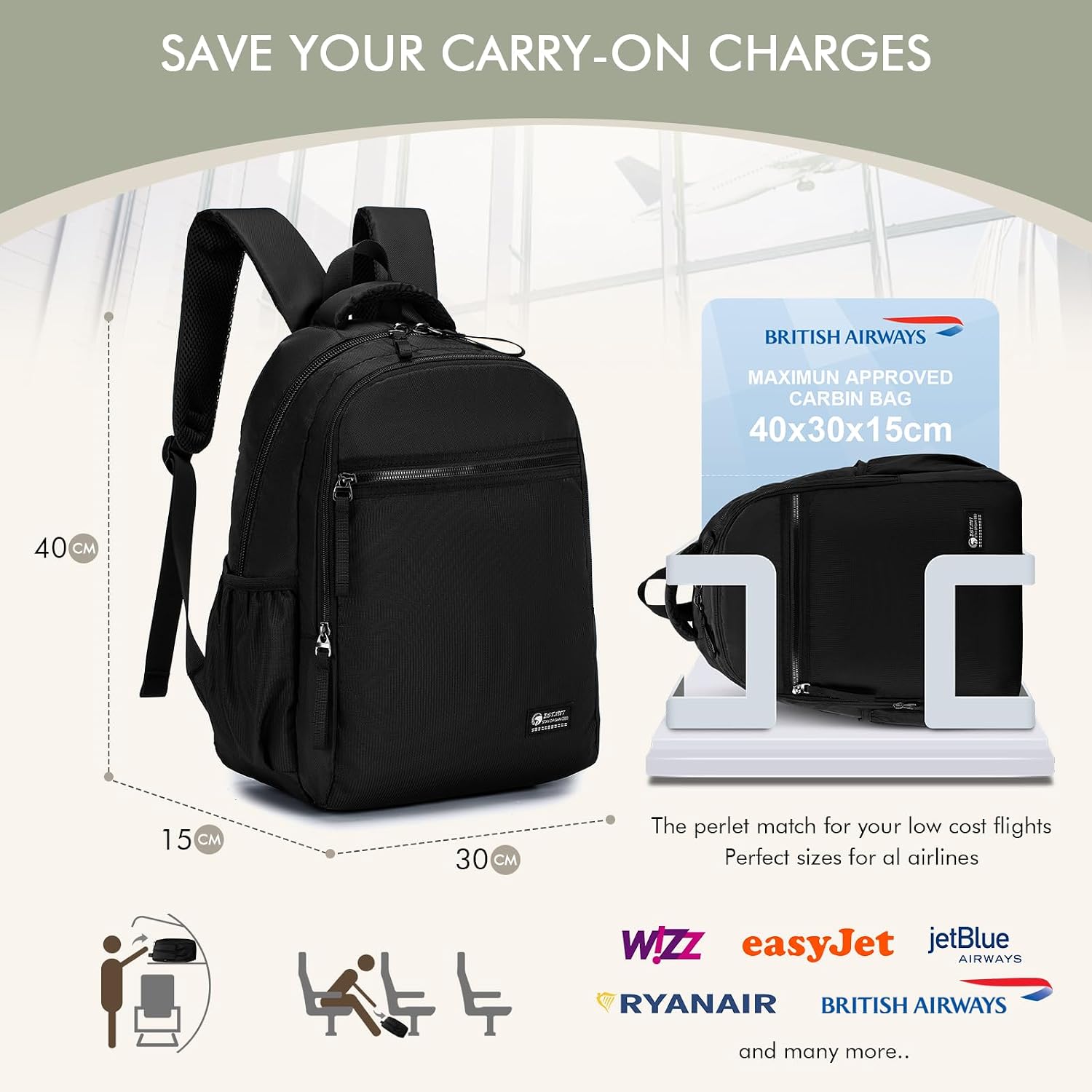 Detalle de BAGZY 40x30x15 cm Underseat Travel Backpack with Laptop Compartment