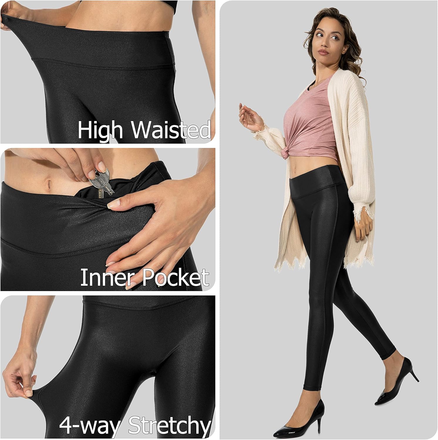 Detalle de SANTINY Faux Leather Leggings, 25.5"/27", High-Waisted 4-Way Stretch