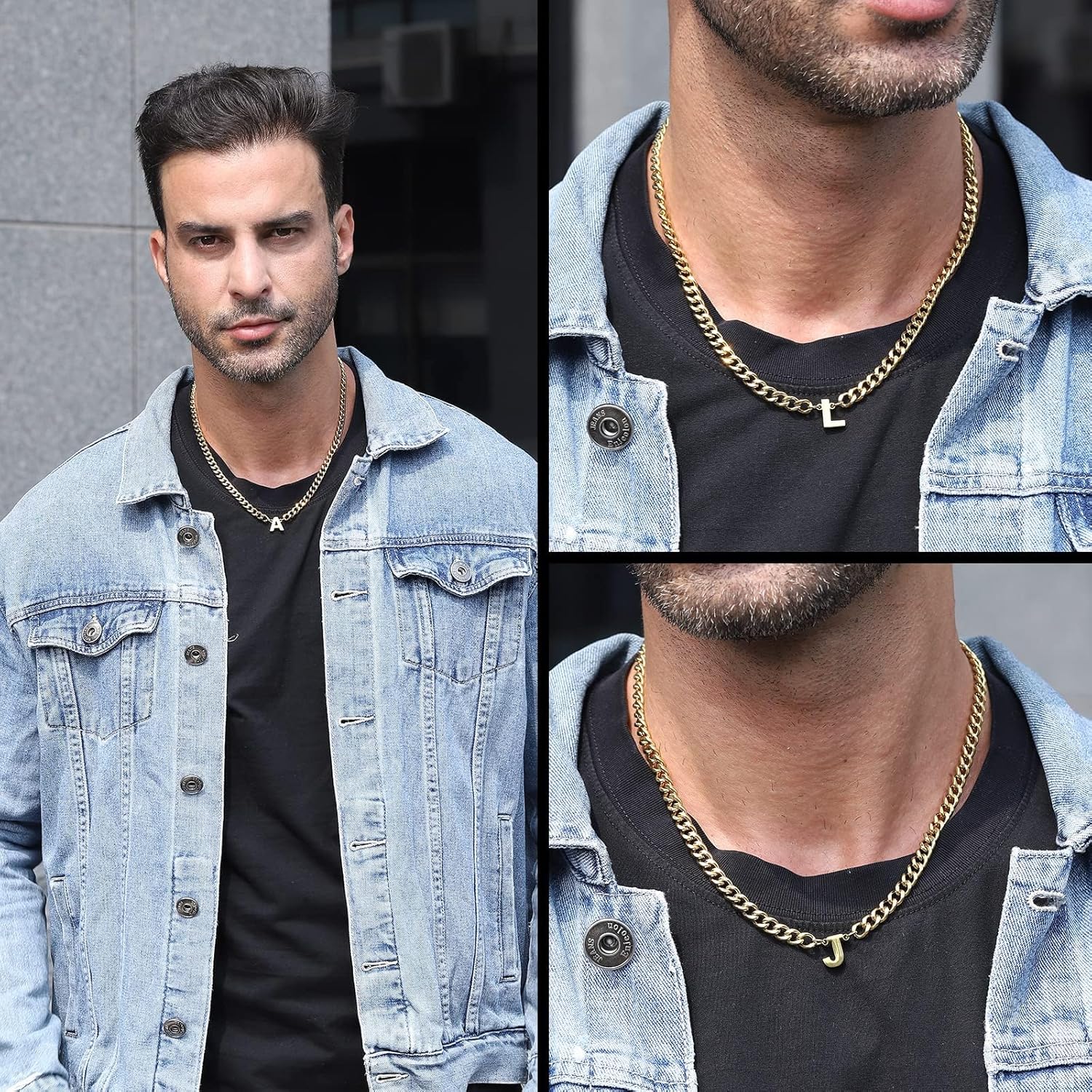 Thumbnail 4 de Esmoly Kette Herren – Cuban Chain Edelstahl 6,5 mm mit individuellem Buchstabenanhänger, 18"+2" verstellbar, Gold/Silber/Schwarz