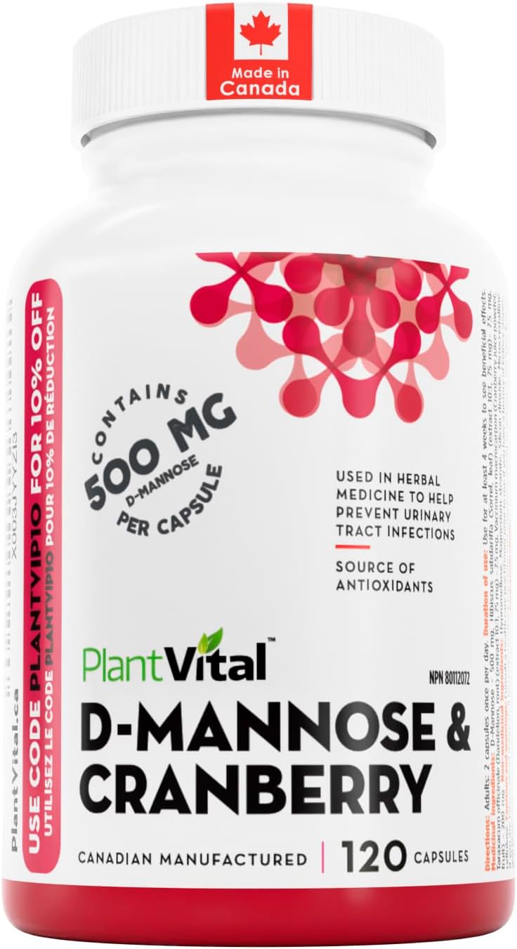 Detalle de PlantVital D-Mannose Capsules, 1,000 mg Daily Dose with Cranberry, 120 Count
