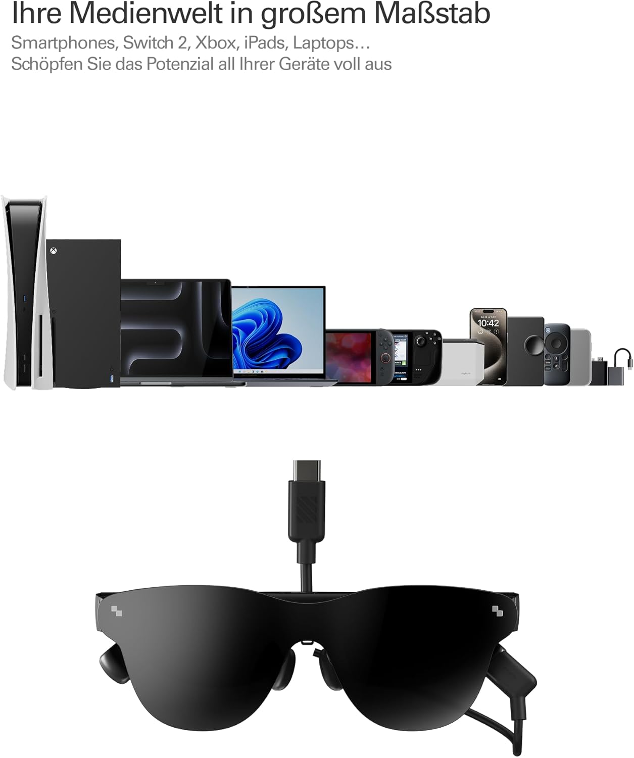 Detalle de RayNeo Air 4 Pro AR/XR-Brille mit HDR10-Display und Vision 4000 Chip – 201-Zoll-virtuelles Kino für 3D-Filme & Gaming