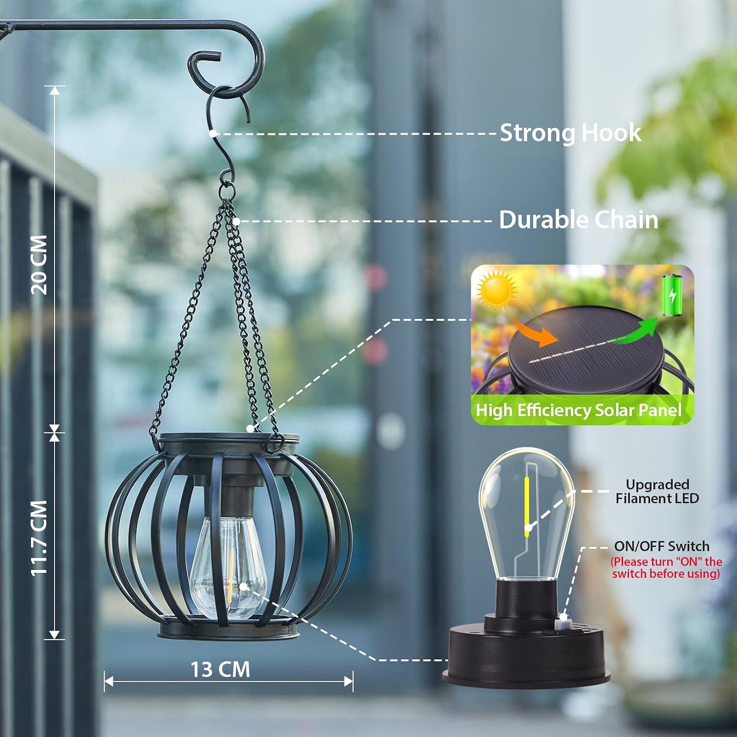Detalle de BUCASA Solar Lights Outdoor Garden – 2-pack metal lanterns with chain and hook for hanging décor