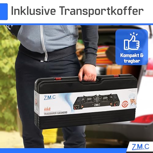 Detalle de Z.M.C Gaskocher Campingkocher 2-flammig 2,5 kW – inkl. 12x 227 g Kartuschen und Adapter