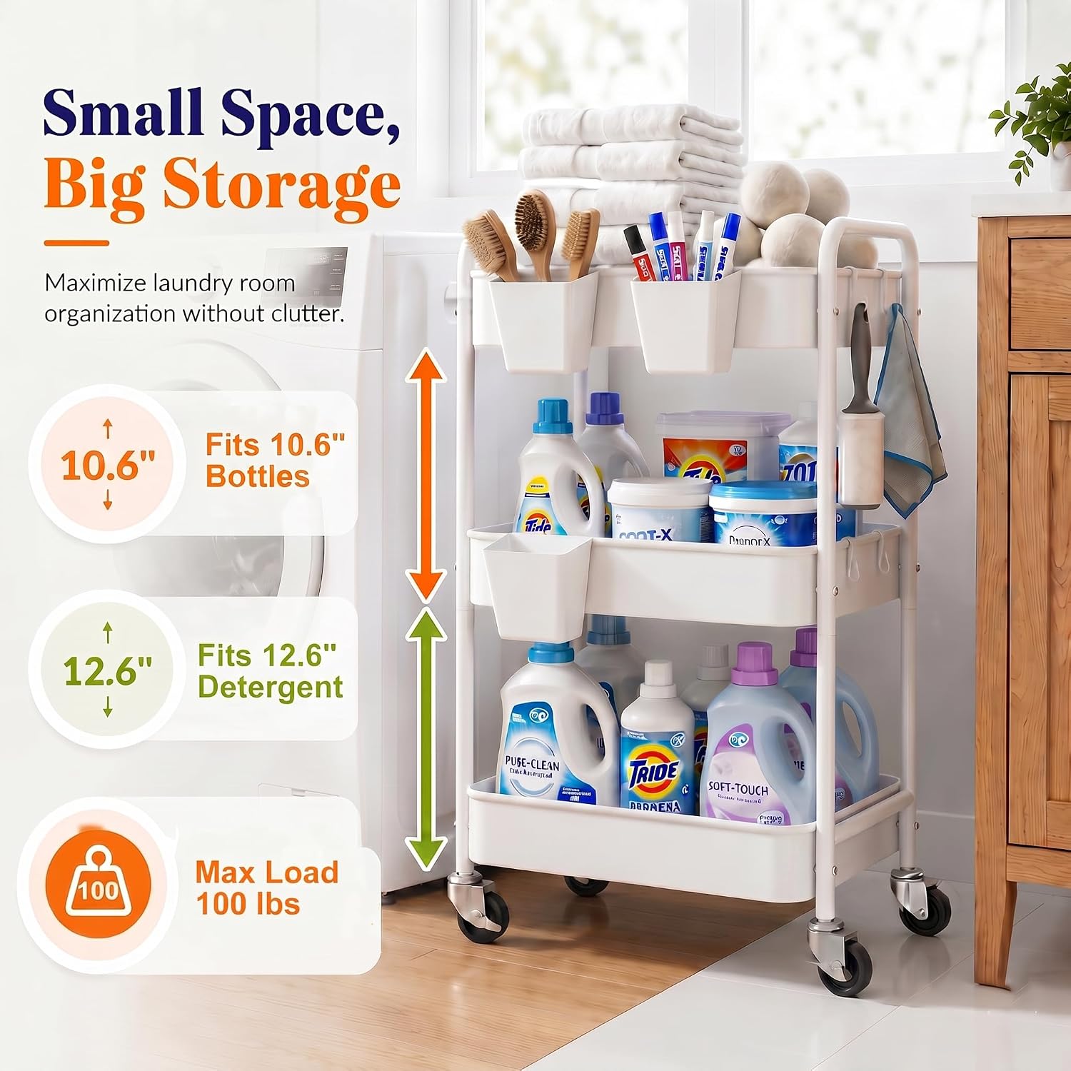 Detalle 2 de Aofure 3-Tier Rolling Cart, White Metal Organizer with Locking Wheels