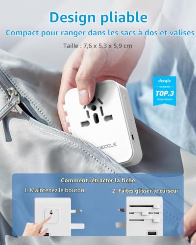 Thumbnail 6 de decqle Adaptateur Prise Universelle avec 3 ports USB-C et 2 USB-A pour 224+ pays