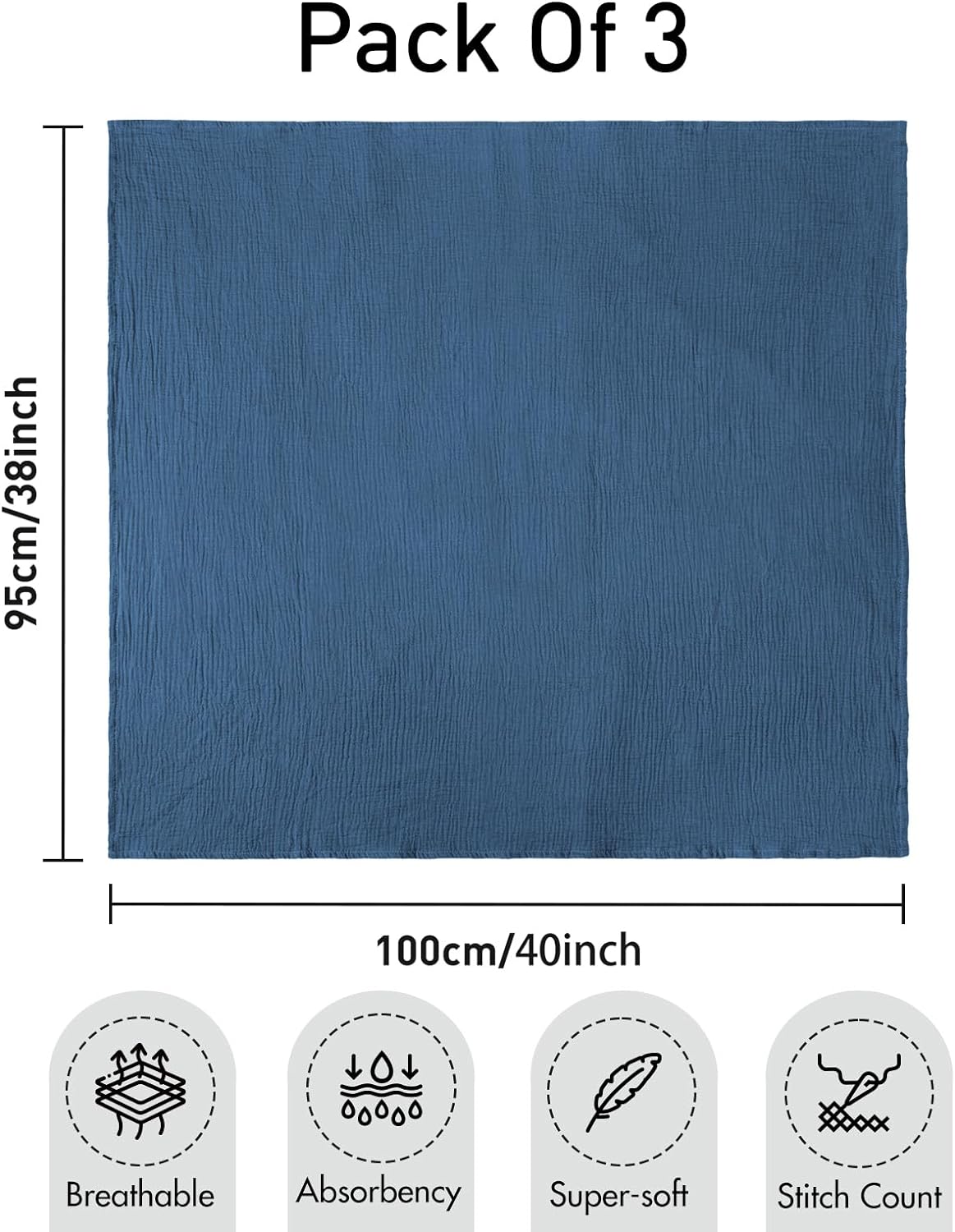 Thumbnail 2 de Soarwg Kids Muslin Swaddle Blanket (Pack of 3) – Large 95 x 100 cm, Blue