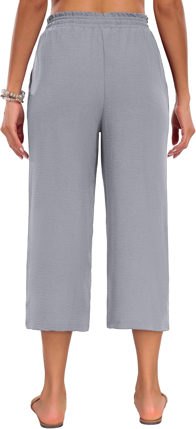 Detalle de Neineiwu Damen Sommerhose High Waist Palazzo mit Kordelzug und weitem Bein (3/4 Capri)