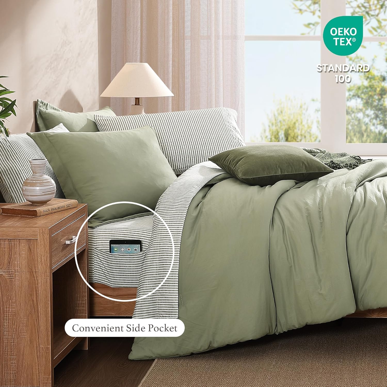 Thumbnail 5 de Monbix Queen Comforter Set - 7 Pieces Green Prewashed Bed in a Bag