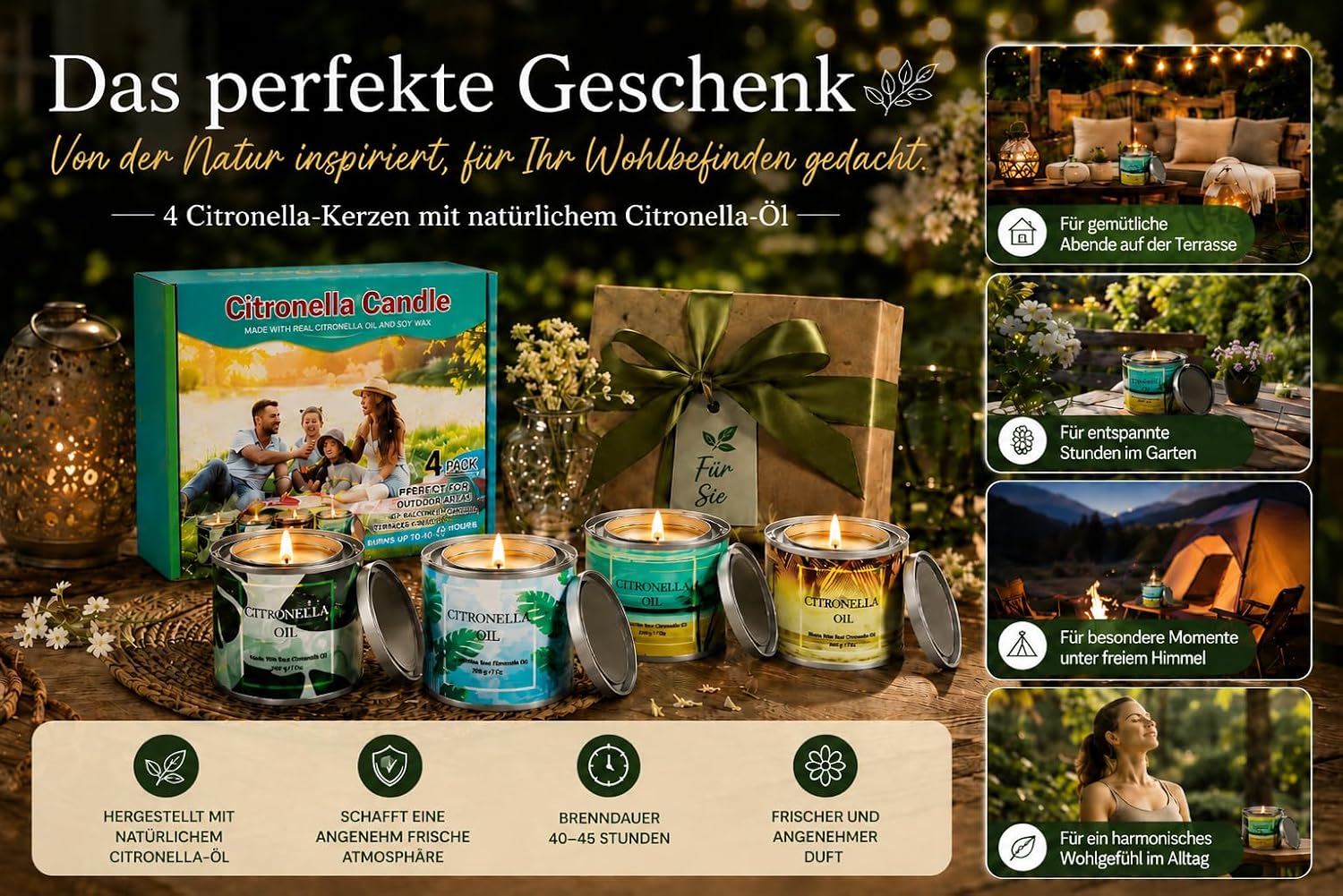 Thumbnail 6 de CREASHINE Citronella Kerzen Outdoor 4er Set – 800 g Sojawachs, Zitronengras-Duft