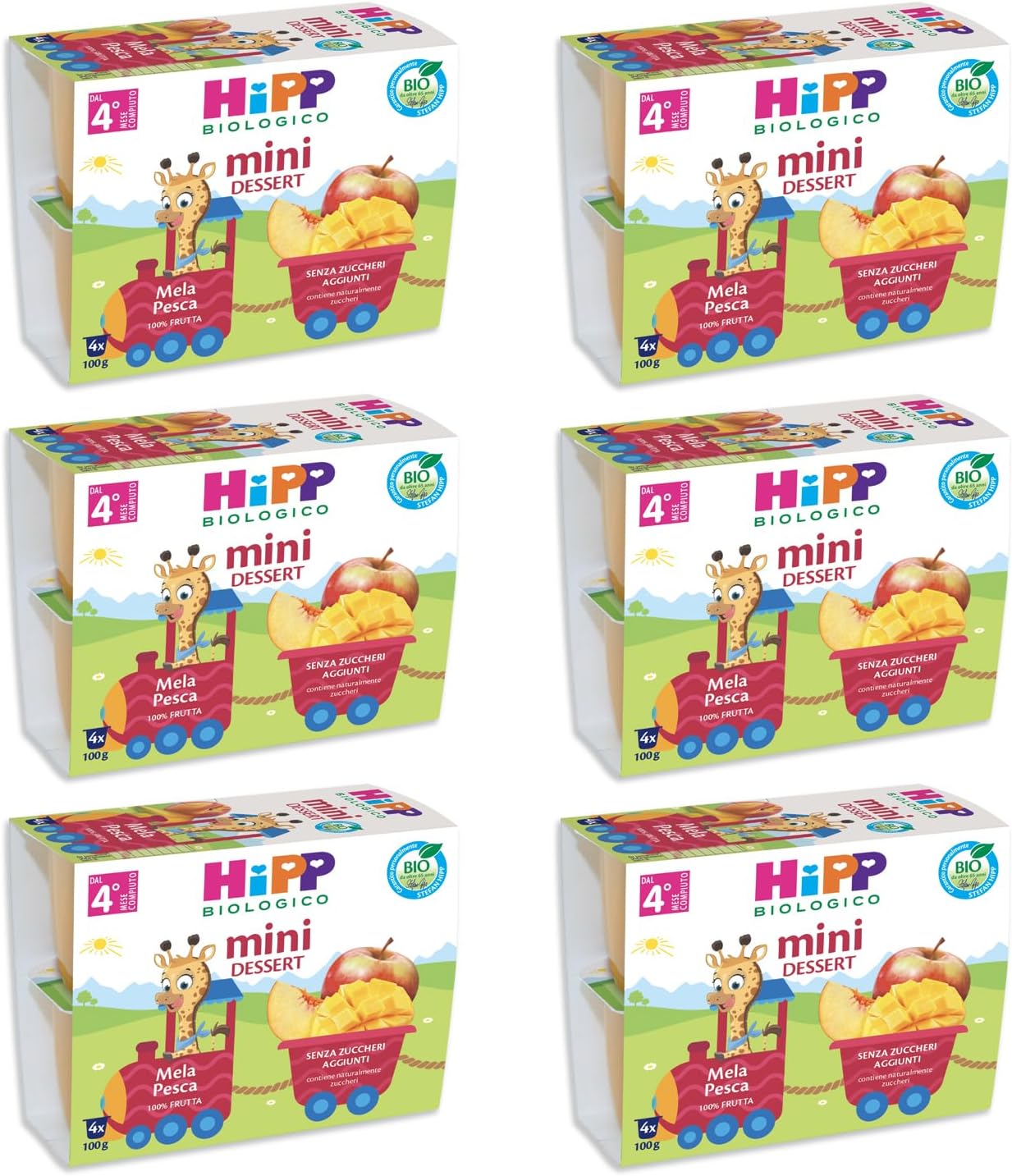 HiPP Nuovi Mini Dessert Frutta Grattugiata Bio – Mela e Pesca, 24 vasetti da 100 g