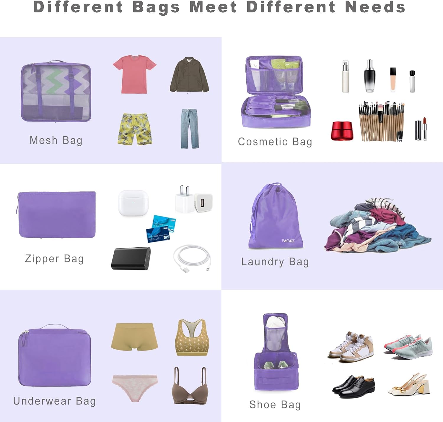 Detalle de BAGAIL 8-teiliges Packwürfel-Set – Kofferorganizer aus Nylon mit Mesh, inkl. Unterwäsche-, Kultur- und Schuhtasche
