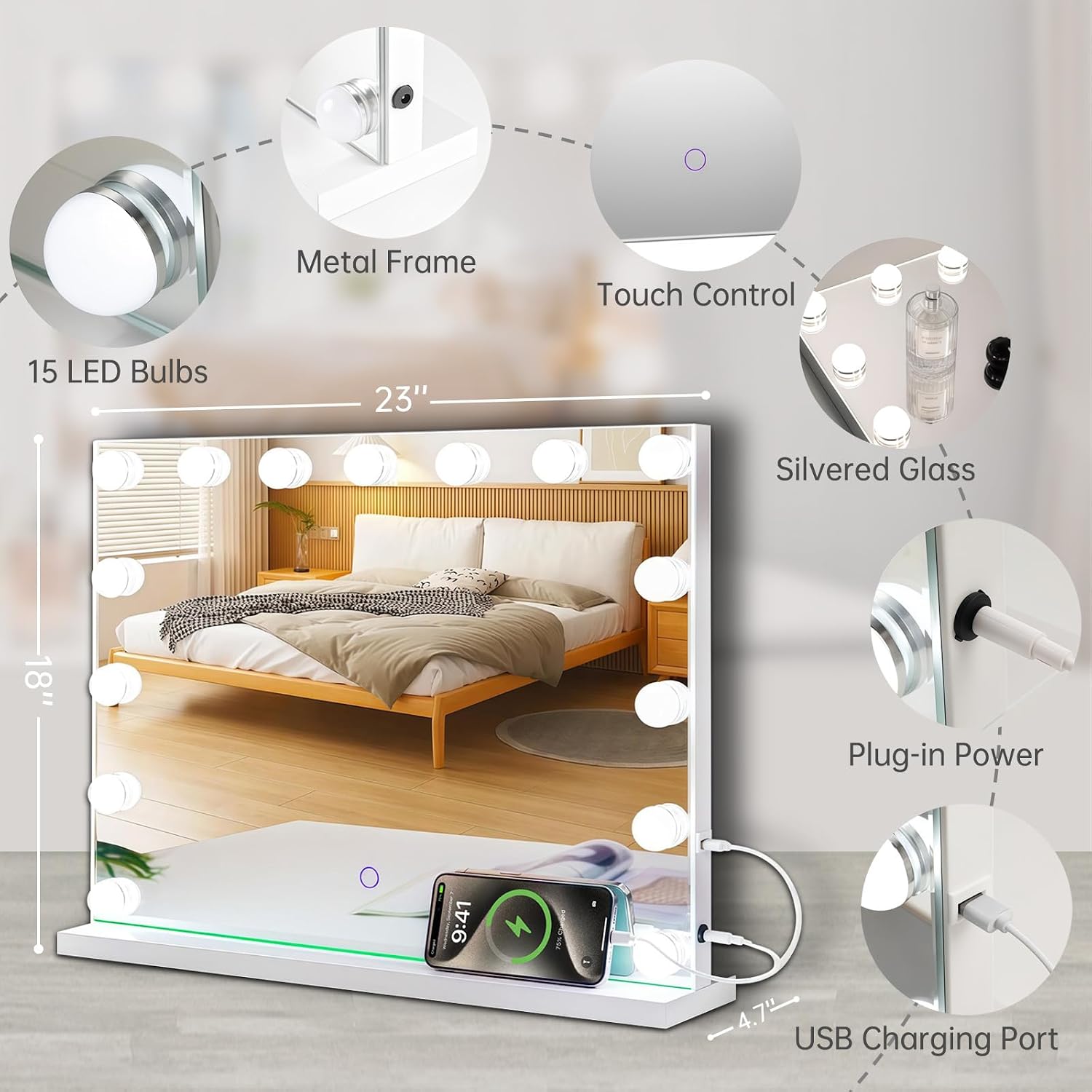 Detalle 2 de Amifiy Lighted Vanity Mirror, 15 LED Bulbs