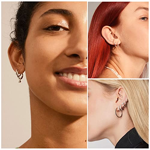 Detalle de PABBEU 5 Pairs Sterling Silver Hoop Earrings for Women - Small Sleeper Hoops