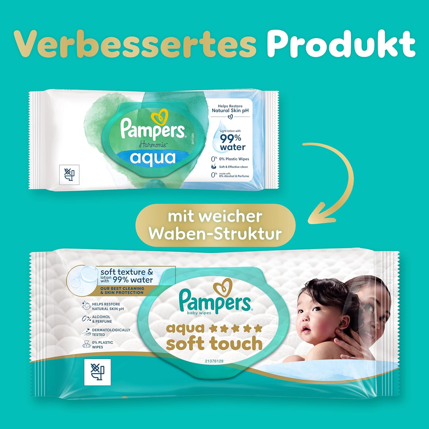 Detalle de Pampers Aqua Soft Touch Feuchttücher – 900 Tücher in 15 Packungen, weiche Textur mit 99% Wasser
