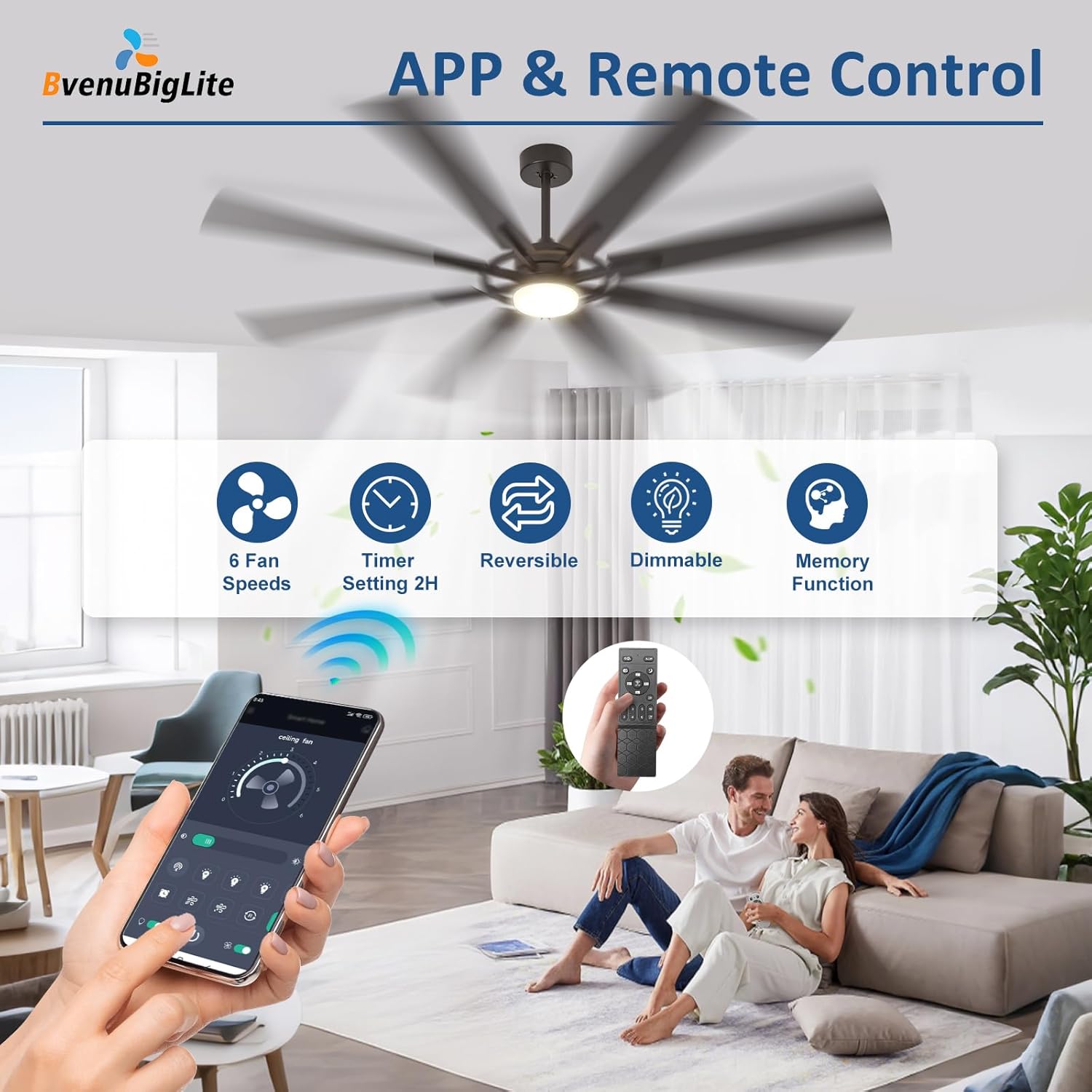 Thumbnail 4 de BvenuBigLite 72-Inch Outdoor Ceiling Fan with Lights (8-Blade, DC Motor, App & Remote)