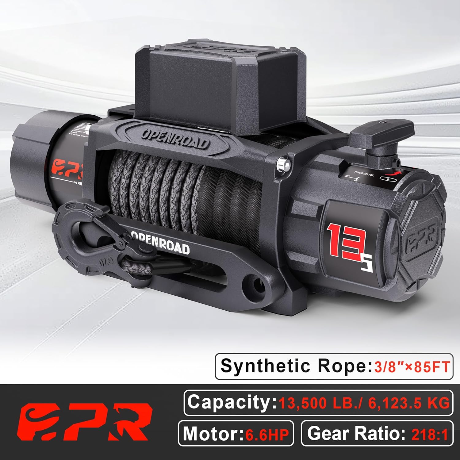 Detalle de OPENROAD 13500 lbs Synthetic Rope Recovery Winch with 2 Wireless Remotes for Jeeps, SUVs, Trucks, and Trailers (IP68, 12V) – Panther Series