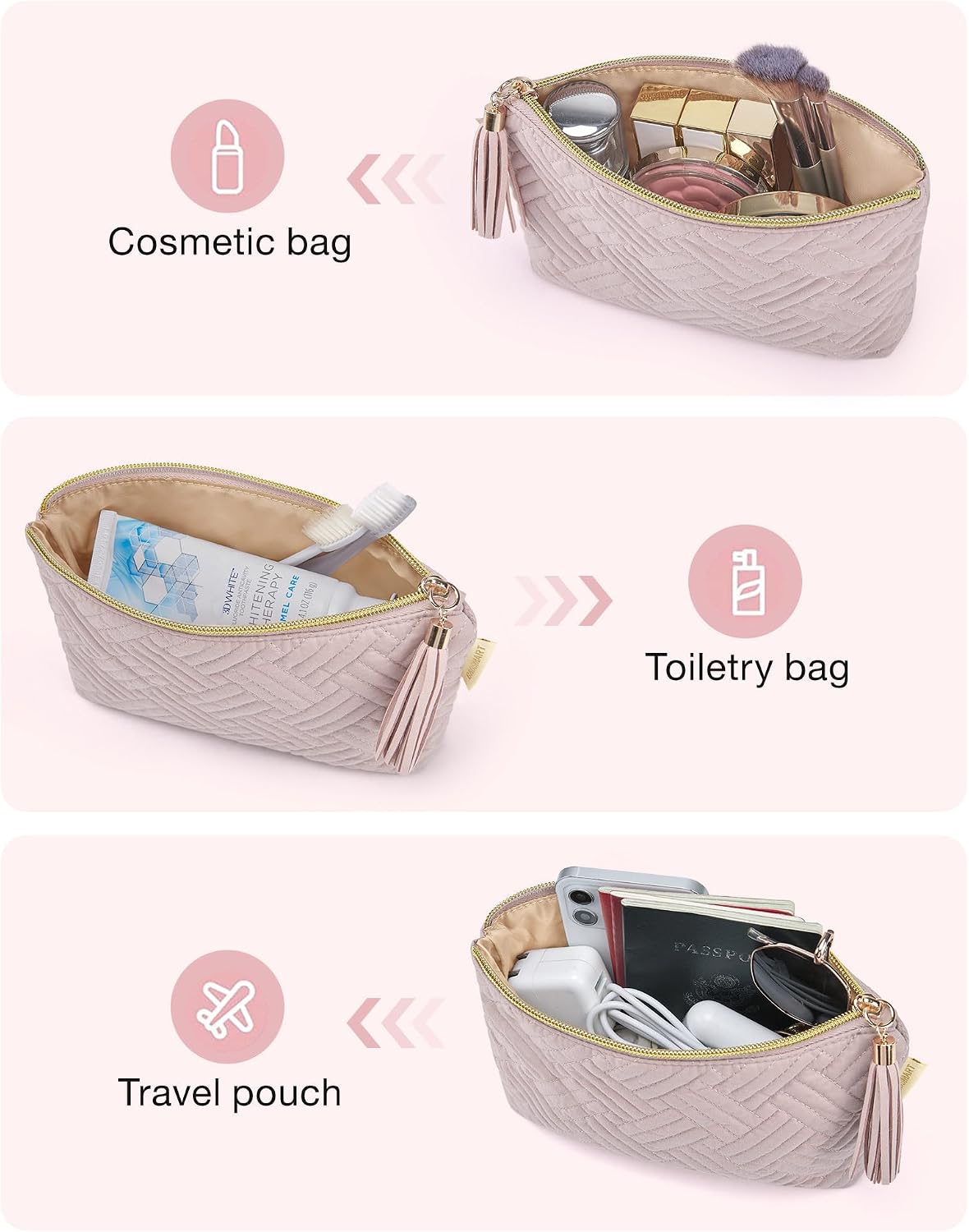 Detalle de BAGSMART Small Cosmetic Bag (Pink) — water-repellent zipper pouch for travel makeup & essentials