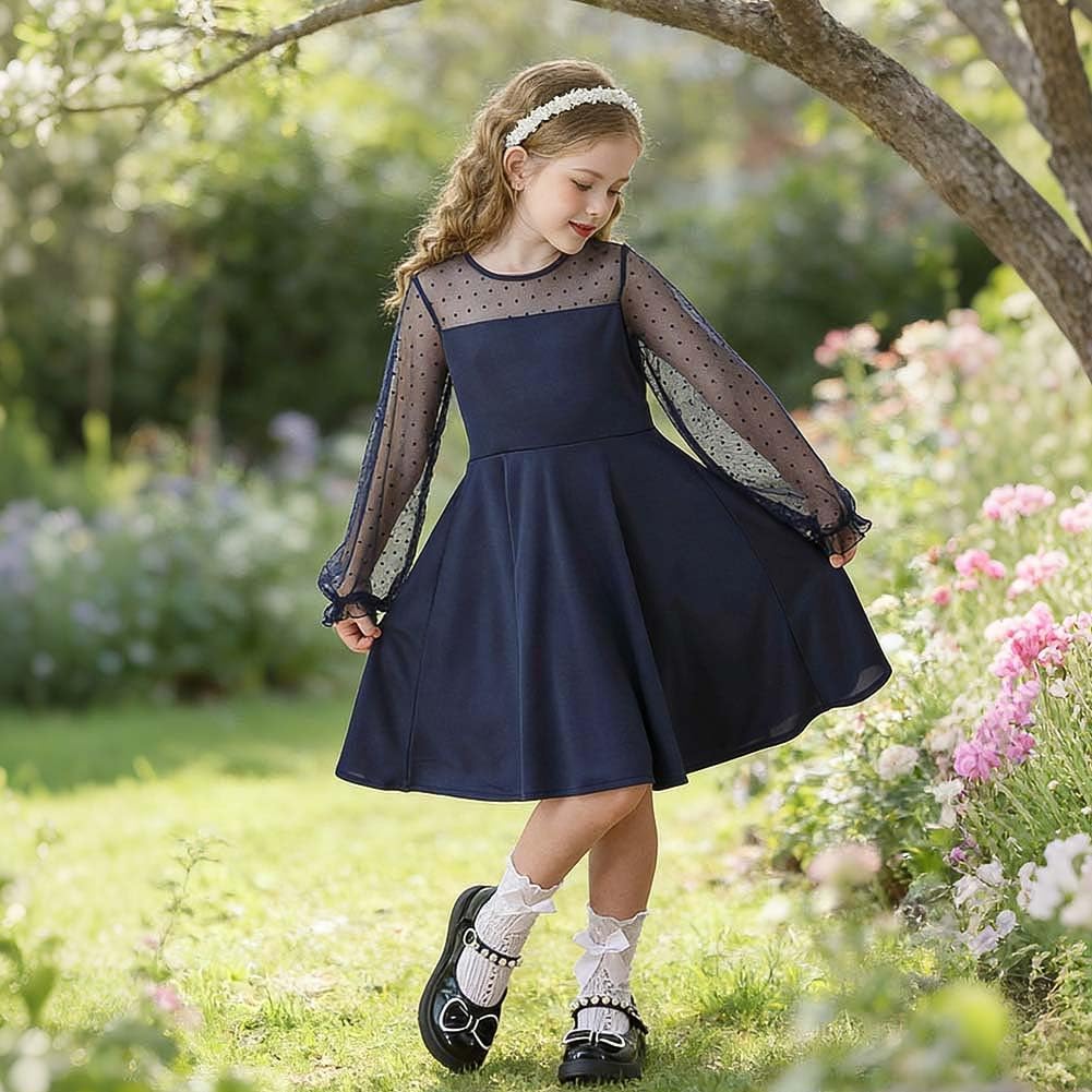 Thumbnail 6 de Vicloon Girls’ Contrast Mesh Puff-Sleeve Skater Dress, High Waist, Ages 9–16