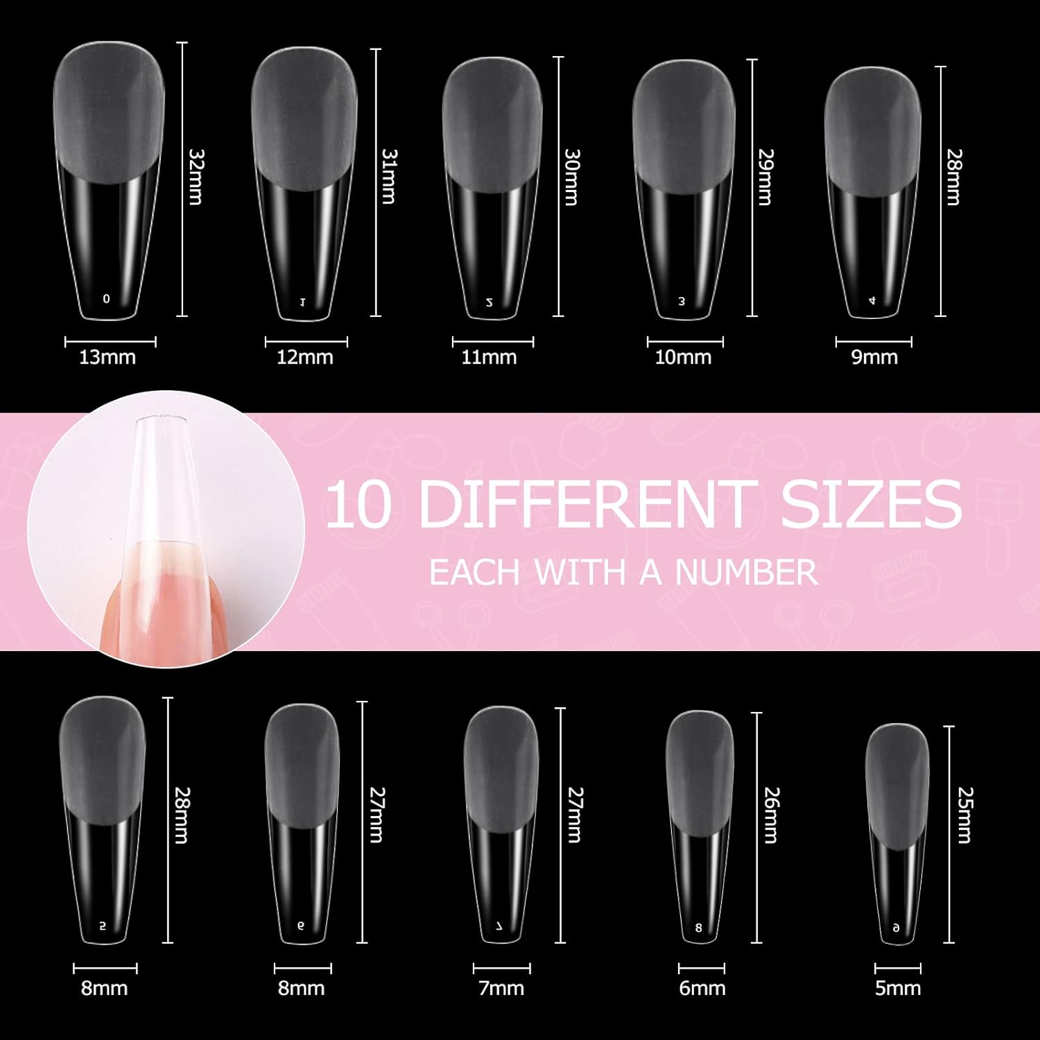 Thumbnail 1 de Faux ongles en acrylique Carehabi – Capsules transparentes, 500 pièces, 10 tailles (semi givré) + valisette