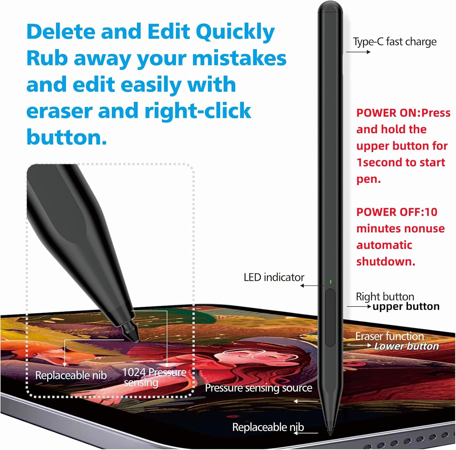 Thumbnail 4 de Milikilo Eingabestift für Microsoft Surface Pro, Surface Go, Surface Laptop und mehr – F97 mit Radiergummi, 1024 Druckstufen